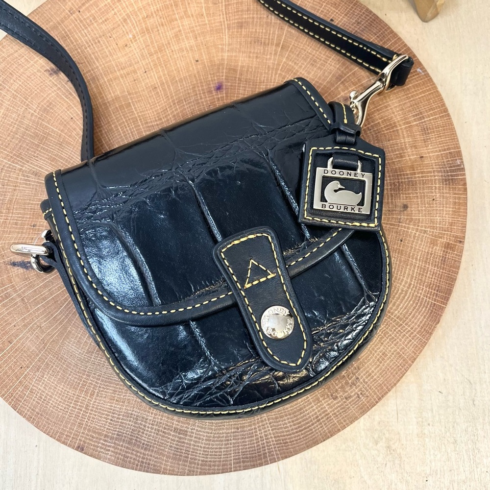 Dooney & Bourke Black Croc-Embossed Leather Crossbody with Yellow Stitching